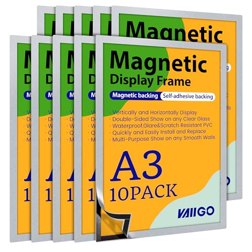 VAIIGO Magnetrahmen A3, Selbstklebend magnetische Bilderrahmen, Mit Magnetverschluss für Informationsrahmen, Durable Magnetic Frame für Restaurants& Büros & Shops (Silber, 10 Stück) von VAIIGO