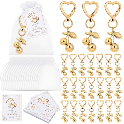 VAIPI 24-teiliges Set mit Kirsch-Schlüsselanhängern, Partyzubehör, Kirsche auf der Oberseite, Party-Dekorationen, Kirschen, Schlüsselanhänger, Obstgeschenke mit Dankeskarten und Organza-Beuteln für von VAIPI