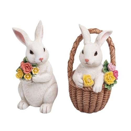 Valery Madelyn 2 Stück Osterhasen für Osterdeko Modern,Dekohase Harz mit Blumen Osterkörbchen für Frühlingsdeko Tischdeko Gartendeko,Ostern Geschenke für Wohnzimmer Party,12cm(M) von Valery Madelyn