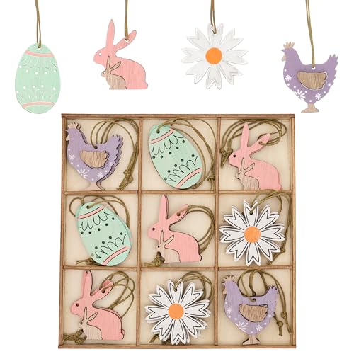 Valery Madelyn 18 Stück 5cm Anhänger, Holzdeko zum Aufhängen, Osterschmuck aus Holz, Osterhasen Eier Hühner und Blumen Dekohänger für Ostern Frühling Deko (Bunt) von VALERY MADELYN