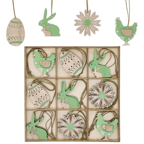 Valery Madelyn 18 Stück 5cm Anhänger, Holzdeko zum Aufhängen, Osterschmuck aus Holz, Osterhasen Eier Hühner und Blumen Dekohänger für Ostern Frühling Deko - Grün von Valery Madelyn
