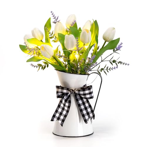 Valery Madelyn Vorbeleuchtete Tulpen, künstliche Blumen, Tafelaufsätze für Tische, Frühlings- und Sommerdekoration, weiße künstliche Blumen in Vase, Seidenblumenarrangements für Hochzeitstag, Kaffee, von VALERY MADELYN