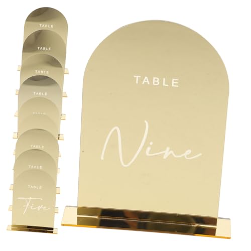 VALICLUD 10 Stück Teiliges Tischnummern Goldfarben Gebogenes Design Wiederverwendbare Tischaufsteller für Hochzeitsempfang Party Restaurant und Event Klare Oberfläche Beschreibbar mit von VALICLUD