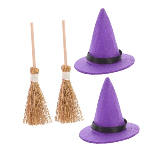 VALICLUD 2 Sätze Mini Hexenhüte Set Hexenhüte und Mini Besen für Halloween Dekoration und Puppenhaus Zubehör für Bastelprojekte und Kreative Gestaltung von VALICLUD