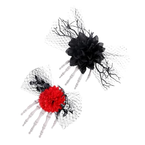 VALICLUD 2 Stück Halloween Haarspangen mit Skelett Hand und Roter Rosenblüte Gruselige Mesh Seitenspangen Bequeme Stabile Halloween Haar Accessoires für Goth Frauen Party Kostüm von VALICLUD