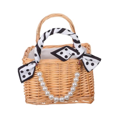 VALICLUD Handgefertigter Leichter Rattan-blumenkorb mit Kunstperlen-griff Offenes Design Handgewebte Kleine Umhängetasche für Hochzeiten Garten Picknick und Sommerreisen von VALICLUD