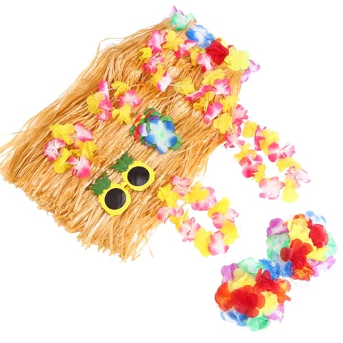 VALICLUD Hawaiianische Leis Sonnenbrille Gras Röcke Blumen Halskette Armbänder Haarspange Tropische Luau Hawaii Blume Blatt Kranz Girlande Luau Party Dekorationen von VALICLUD