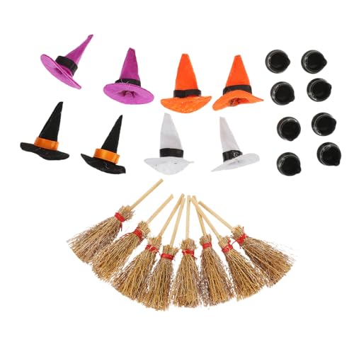 VALICLUD Teiliges Mini Hexenhut Set aus Filz mit Besen und Kessel Realistische Halloween Deko für Puppenhäuser Handgefertigte Miniaturen Vielseitig für Party und Themen Dekorationen von VALICLUD