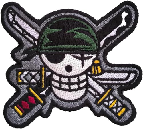 VALKYNEA 100 % bestickter Aufnäher, inspiriert von Anime-Fan-Kunst, Zoro Skull Jolly Roger, Stickerei/bestickte Applikation (thermoklebend/zum Aufbügeln) von VALKYNEA