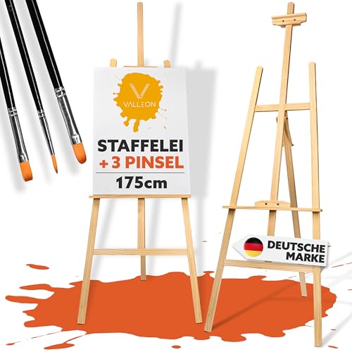 VALLEON® Staffelei Holz [175 cm] - flexibler Leinwand-Ständer (höhenverstellbar) zum Malen für Kinder und Erwachsene - Holzstaffelei für Leinwände bis 130 cm Diagonale [inkl. 3 Pinsel] von VALLEON