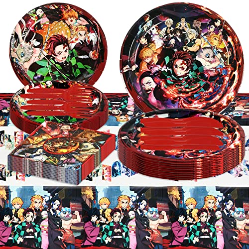 Anime Partygeschirr Set 61 Stück, Anime Pappteller Kindergeburtstag, Party Teller Set, Servietten, 7" Essteller und 9" Essteller, Messer und Gabeln Party Geschirrset für 10 Personen von VAMITV