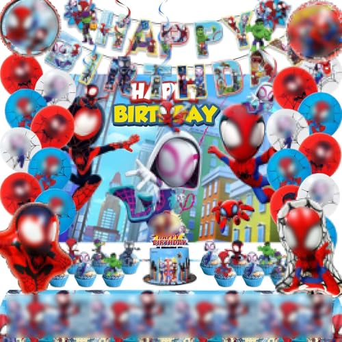 Spiderman Geburtstagsdeko 70 Stück Spiderman Tortendeko Set, Folienballon, Latexballons, Banner, Tischdecke, Hintergrundtuch, Cupcake Topper, Kuchentopper, Hängewirbel von VAMITV