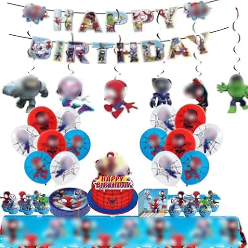 Spiderman Geburtstagsdeko, 95 Stück Spiderman Deko Geburtstag Kinder Jungen - 7 Zoll Teller, Papiertuch, Tischdecke, Tortendeko, Banner, Hängende Wirbel, Latexballons von VAMITV