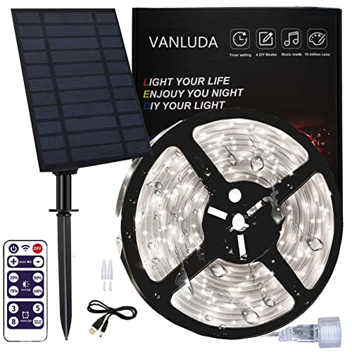 Solar LED Streifen Außen, 5600mAH 10m LED Strip IP67 Wasserdichter 640 LEDs, Dimmbare Lichtleisten mit Fernbedienung, Weißes LED Lichter für Gartenbäume Zuhause Weihnachten Urlaub Terrasse Party von VANLUDA