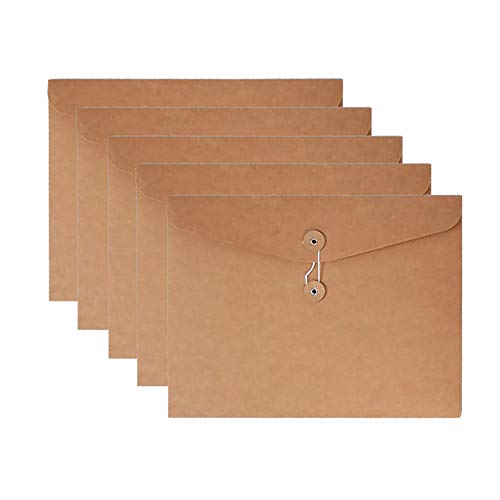 VANRA Kraftpapier Aktenordner A4 Umschläge Projekttaschen Dokumententasche Tasche mit Schnur und Knopfverschluss Keine Erweiterung, Datei-Organizer für Business Schule Büro A4/C4 (Kraft Brown 5 Packs) von VANRA