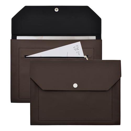 VANRA Fächermappe aus PU-Leder, Dokumentenhalter mit Druckknopf, Reißverschlusstasche, Portfolio-Umschlag, Ordner für A4-Papier (Dunkelbraun) von VANRA