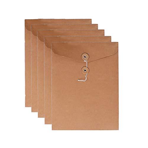 VANRA Kraftpapier Aktenordner A4 Umschläge Projekttaschen Dokumententasche Tasche mit Schnur und Knopfverschluss Keine Erweiterung, Datei-Organizer für Business Schule Büro A4/C4 (Kraft Brown 5 Packs) von VANRA