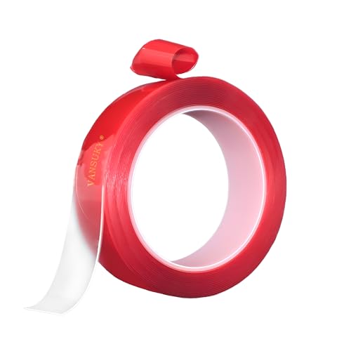 VANSUKY Acryl-Klebeband doppelseitig Transparent 1 mm × 20 mm × 5 m – Starkhaftendes Montageband mit roter Schutzfolie für Zuhause, Büro, Auto & DIY von VANSUKY