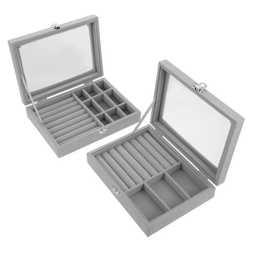 VANZACK 2 Stück Tragbare Schmuckschatulle Fächern Kompakte Aufbewahrungsbox für Ringe Halsketten Ohrringe Eleganter Organizer aus Grauem Velours für Reisen und Zuhause von VANZACK