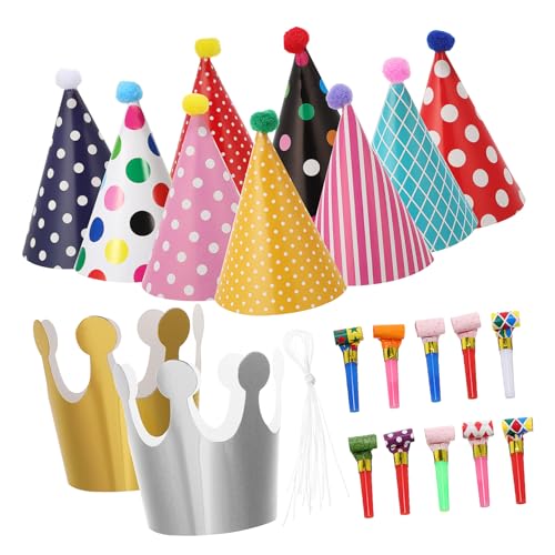 VANZACK Buntes Party Teilig mit Farbigen Partyhüten Papierkronen Lauten Partybläsern Geburtstagsdekoration für Fröhliche Feiern Karneval Neujahr und Erwachsene von VANZACK