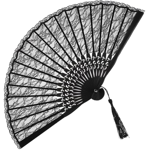 VANZACK Faltfächer aus Spitze, zarter Fächer mit doppelter Spitze, japanischer Fächer, faltbar, für Kostüme, Hochzeitsfeiern, 1 Stück (schwarz) von VANZACK
