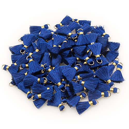 VAPKER 100 Stück 2 cm Mini-Quasten, blaue Quaste, winzige handgefertigte Quasten, mit goldenem Bindering für Ohrringe, Schmuck, Halsketten, Zubehör zum Basteln von VAPKER