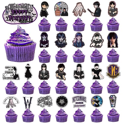 VARACL 25 Stück Mittwoch Cupcake Topper, 25 Designs, Hochwertiges Papier, Perfekt für Wednesday Addams Familienpartys, 25 Stück pro Design von VARACL
