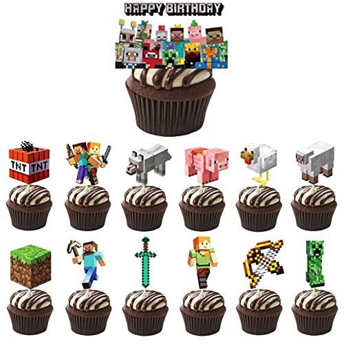 VARACL 26 Stück Pixel Craft Miner Game Cupcake Toppers, Pixel Miner Crafting Cupcake Toppers, Video Game Cupcake Toppers for Pixel Video Game Party Decorations Supplies von VARACL