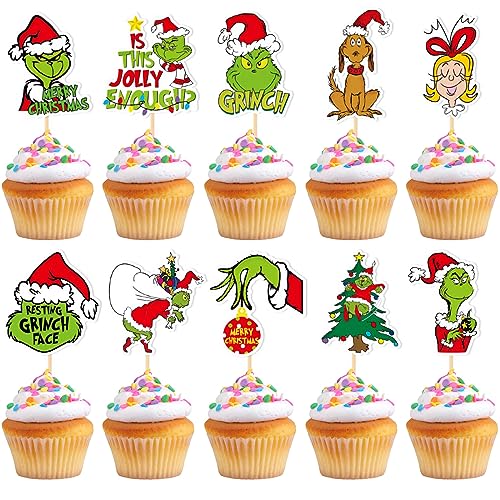VARACL 30 Stück Grinch Cupcake Topper, Grinch Weihnachten Cupcake Toppers Lebensmittel Obst Picks für Grinch Party Dessert Dekoration, Grinch Geburtstag Kuchen Dekor, Grinch Weihnachten Party von VARACL