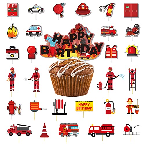 VARACL 30 Stück VARACL 30PCS Fireman Cupcake Toppers, Firefighter Fire Hat Extinguisher Fire Truck Cupcake Toppers for Firefighter Theme Party, Firetruck Birthday Decorations von VARACL