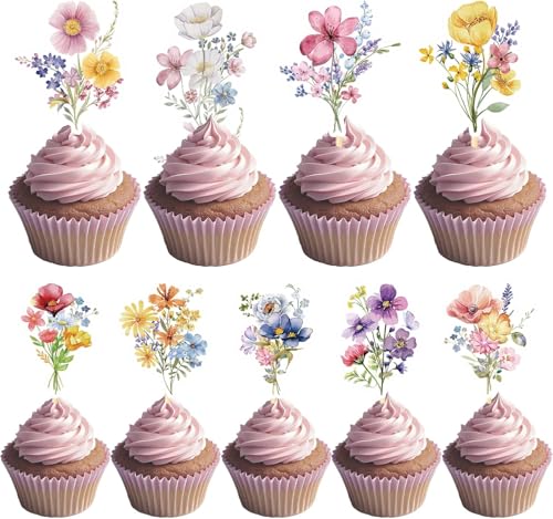 VARACL 36 Stück Cupcake-Topper mit Wildblumen, Blumen-Kuchen-Topper, Babyparty, Kuchendekoration für Hochzeiten, Tee-Party-Dekoration, Fairy Spring von VARACL
