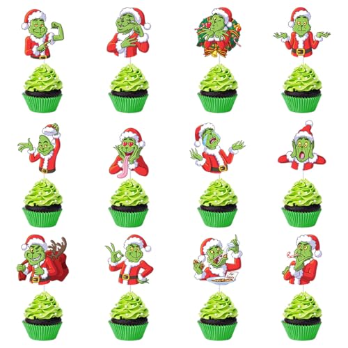VARACL 36 x Cupcake-Topper, Grich-Kuchenaufsätze für Weihnachtsfeier, Dessert-Dekoration, Weihnachts-Cupcake-Topper für Weihnachten, Grich, Geburtstagsparty-Dekorationen, Grünes Monster-Dekor VARACL 36 x Cupcake-Topper, Grich-Kuchenaufsätze für Weihnachtsfeier, Dessert-Dekoration, Weihnachts-Cupcake-Topper für Weihnachten, Grich, Geburtstagsparty-Dekorationen, Grünes Monster-Dekor von VARACL