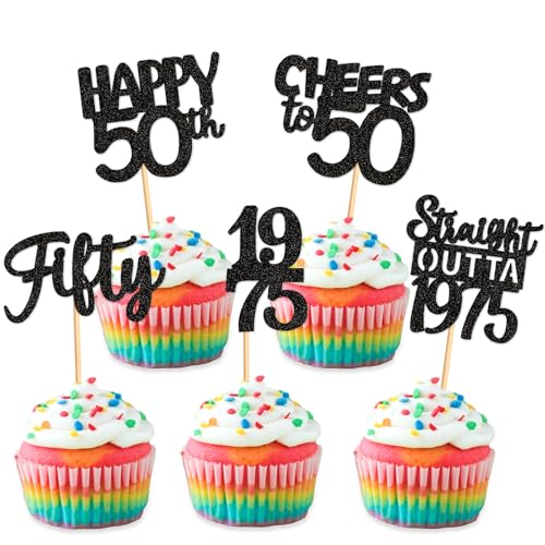 VARACL Cupcake-Topper "Happy 50th Birthday", schwarzer Glitzer, Kuchendekoration für Damen und Herren 1975, Cheers to 50 Years Wedding Anniversary Party Favors Decor Cake Decorations VARACL Cupcake-Topper "Happy 50th Birthday", schwarzer Glitzer, Kuchendekoration für Damen und Herren 1975, Cheers to 50 Years Wedding Anniversary Party Favors Decor Cake Decorations von VARACL