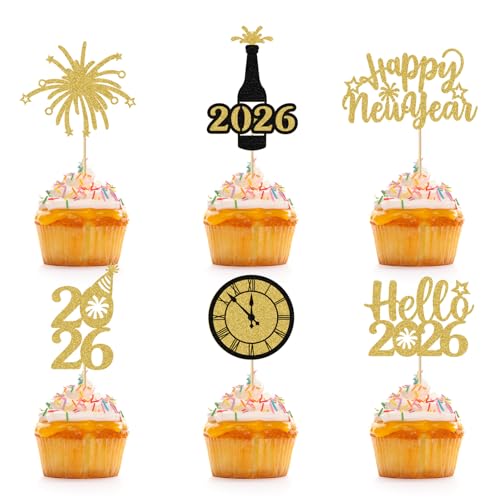 appy Neujahrs-Cupcake-Aufsätze, VARACL 24 Stück, Hello 2026, Cupcake-Picks, schwarz-goldenes Glitzer, Feuerwerk, Prost bis 2026, Kuchendekorationen für den Winter, festliche Feiertage, Silvester von VARACL
