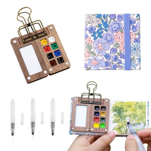 VARKAGE Portable Nano Palette, 8 Grids Holz Reise Malpalette Mini Aquarell Set, Watercolor Palette mit Aquarellpapier Journal, Aquarellpinsel Stifte und Ein Clip VARKAGE Portable Nano Palette, 8 Grids Holz Reise Malpalette Mini Aquarell Set, Watercolor Palette mit Aquarellpapier Journal, Aquarellpinsel Stifte und Ein Clip von VARKAGE