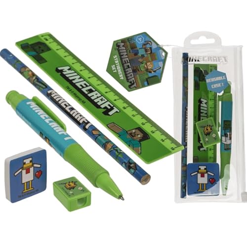 Minecraft Schreibset mit Bleistift, Kugelschreiber, Lineal, Radiergummi und Spitzer | Schreibwaren-Set für Kinder | Geschenkidee für Schule Gamer von VARZI