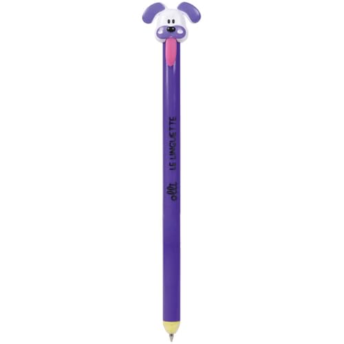 Olli radierbarer Stift – 0,7 mm Spitze, blaue oder rote Tinte, Öffnung mit Lasche, integrierter Radiergummi, buntes Design (Hund, Violett, blaue Tinte) von VARZI