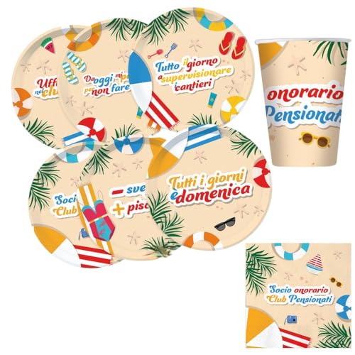 Party-Set mit lustigen Sprüchen, Bechern, Servietten und Tischdecke, um den Ruhestand mit Freude und Stil zu feiern - Varzi seit 1956 (Set für 18 Personen) von VARZI