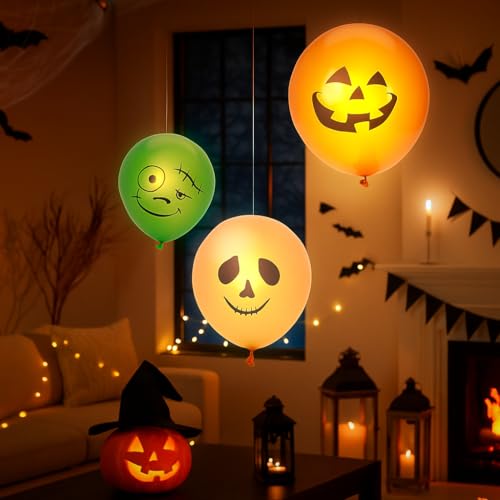 Set mit 3 LED-Halloween-Luftballons, 30 cm, verschiedene leuchtende Dekorationen mit Kürbis, Totenkopf und Monster für Horror-Themenpartys von VARZI