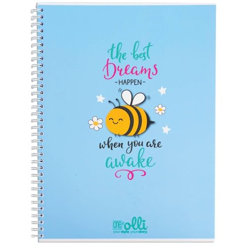 VARZI Olli X One Color "Funny Friends" Maxi-Heft, A4, Spiralbindung, 100 g/m², 24 + 1 Blatt, illustrierter Einband, innen liniert 1R oder kariert 5 mm (Dreamy Bee Lineal 1R) von VARZI