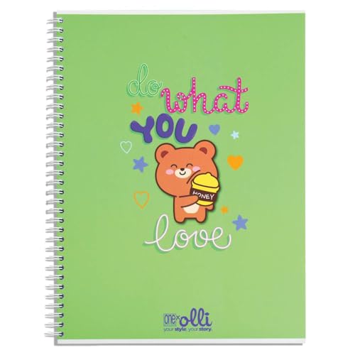 VARZI Olli X One Color "Funny Friends" Maxi-Heft, A4, Spiralbindung, 100 g/m², 24 + 1 Blatt, illustrierter Einband, innen liniert 1R oder kariert 5 mm (Honey Bear kariert 5 mm) von VARZI