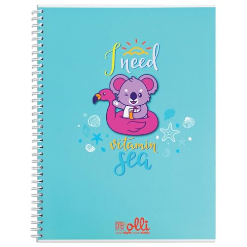 VARZI Olli X One Color "Funny Friends" Maxi-Heft, A4, Spiralbindung, 100 g/m², 24 + 1 Blatt, illustrierter Einband, innen liniert 1R oder kariert 5 mm (Koala Sea Rigo 1R) von VARZI