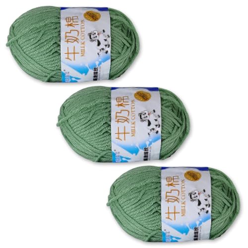 "VASANA „3 Rollen grünes Milchstrick-Baumwollgarn, glatt, weich, zum Selbermachen, Handstricken, Basteln, Häkelgarn für Schals, Pullover, Hüte, Schals (98 Yard/Rolle) von VASANA
