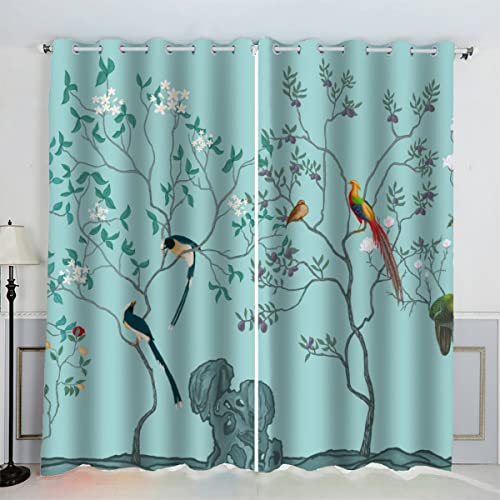 VASENA Vögel Blumen Frühling Gardinen Kinderzimmer 3D Drucken Fenstervorhang Baum Blau Vorhänge Abdunkelnd Blickdichte Schallschutz Gardinen mit Ösen 2er-Pack (140x160 cm) von VASENA