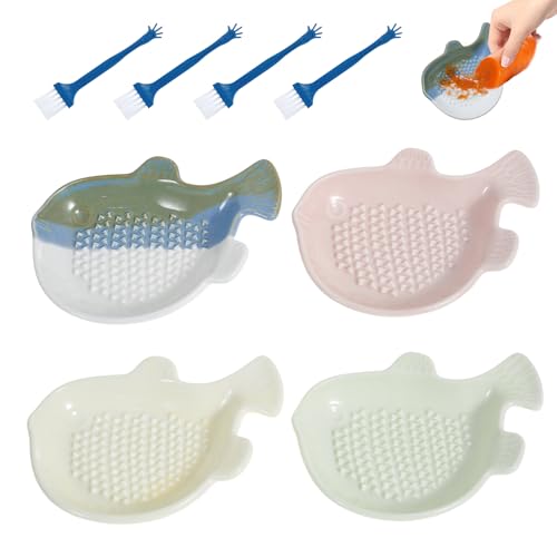 4 Stück Knoblauchreibe in Fischform,Keramik Ingwerreibe mit Pinsel,Multifunktionale Reibescheibe,12 * 9 * 3cm, für Knoblauch,Ingwer,Schokolade und Käse,Spülmaschinenfest(A,4PCS) von VAVPUP