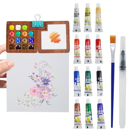 Mini Aquarell Travel Set,Tragbare Aquarellfarben Sets, Holz, Mini Aquarell Palette Reiseset mit Farbkasten aus Holzgitter,Stift und Binderclip,12 Farben für Maler,Künstler und Studenten von VAVPUP