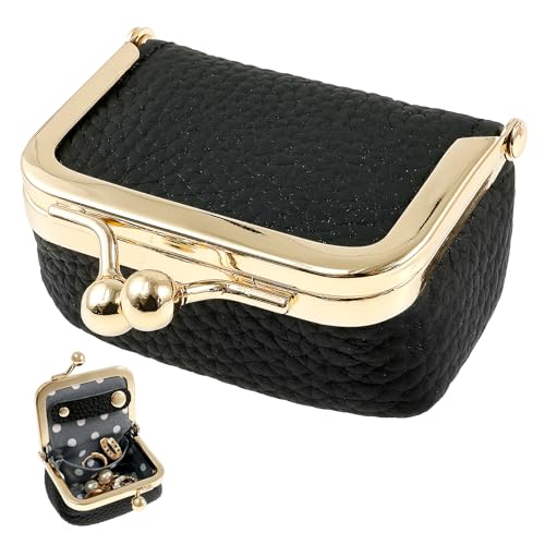 VAVPUP Schmuckschatulle Klein,Schmuckkästchen aus echtem Leder mit Kussverschluss,Retro Kussschloss Design,Reise Schmuck Etui,Tragbares Schmucketui für Ohrringe,Halsketten,Ringe,Ohrstecker(schwarz) von VAVPUP