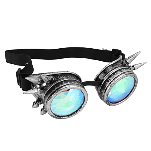 VBESTLIFE Kaleidoskop-Rave-Brille, Regenbogen-Kristalllinsen, Verstellbare Trippige Psychedelische Steampunk-Brille (Antikes Silber) von VBESTLIFE