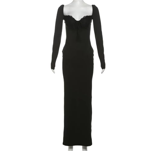 VCSZYAFX Elegantes Bandage-Kleid for Damen, Netzstoff, quadratischer Ausschnitt, Lange Ärmel, Stretch-Robe, bequem, klassisch, lang, figurbetontes Kleid(M) von VCSZYAFX