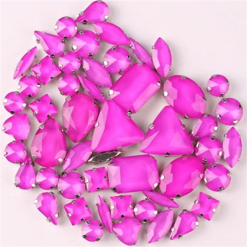 Aufnäher-Strasssteine, Glas-Strasssteine, silberfarbene Krappenfassungen, mehrfarbig, 50 Stück, verschiedene Formen(50pcs Fuchsia) von VDCVADKYE